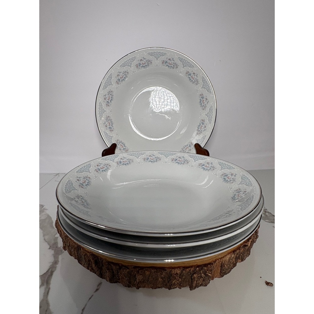 Symphony Fine China Rimmed Soup Bowls Set of 4 Floral Platinum Trim Vintage